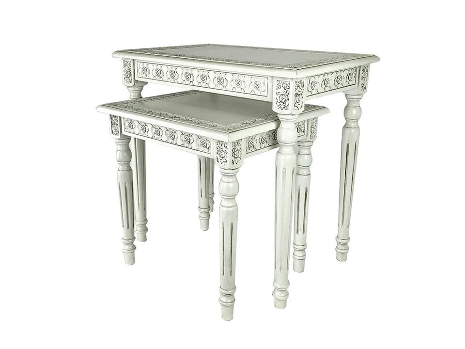 Elegantly Engraved Wooden Frame Nesting Table, Set of 2, Antique White - Benzara