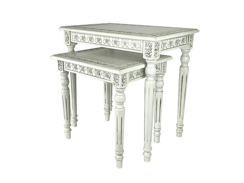 Elegantly Engraved Wooden Frame Nesting Table, Set of 2, Antique White - Benzara