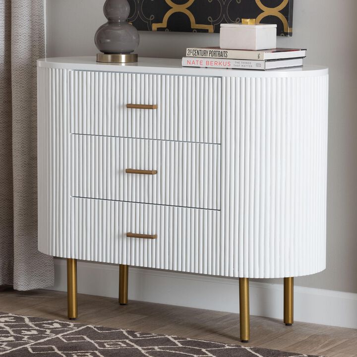 bali & pari Beyla Mid Century White Fluted Wood and Gold Metal 3 Drawer Dresser