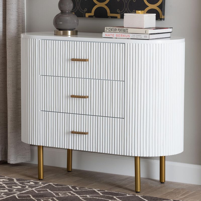 bali & pari Beyla Mid Century White Fluted Wood and Gold Metal 3 Drawer Dresser