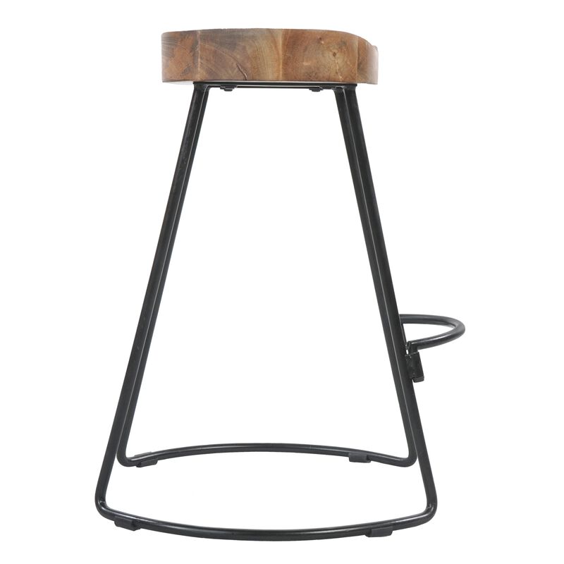24 Inch Handcrafted Backless Barstool, Natural Brown Mango Wood Thick Saddle Seat, Black Iron Base - Benzara