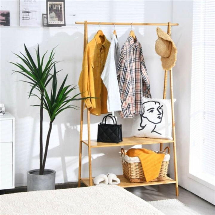 Bedroom Clothes Hanging Rack – Wood Frame with Double Storage Shelves and Garment Rod
