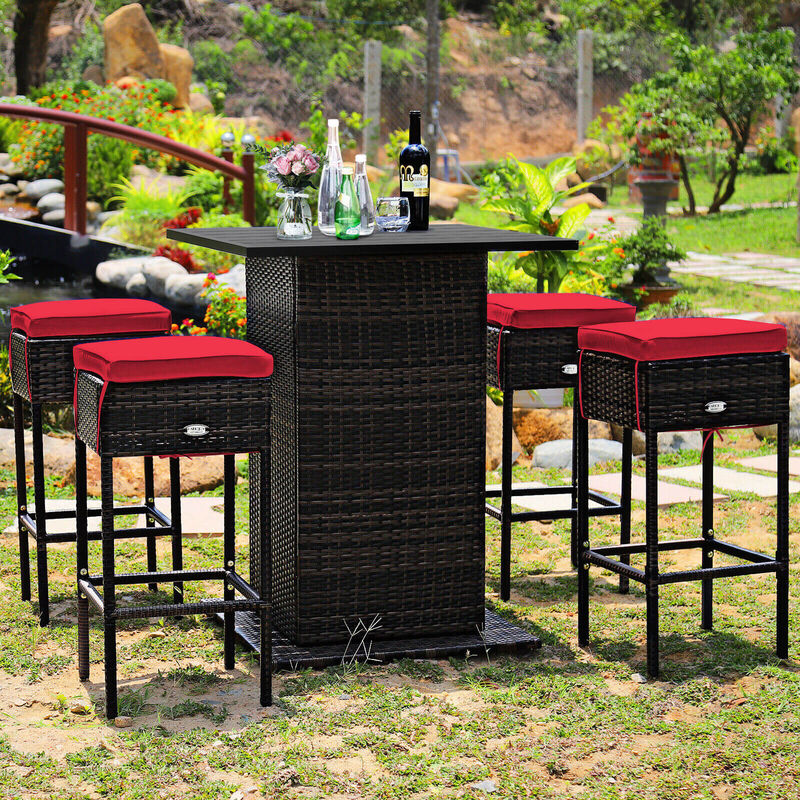 5 Pieces Patio Rattan Bar Furniture Set with Cushions and Hidden Storage Shelf