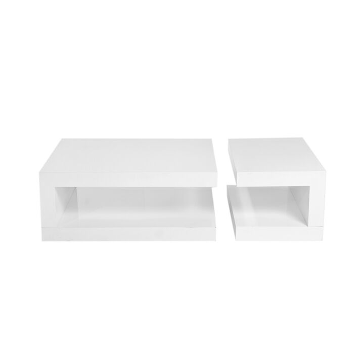 Jack 2 Piece Coffee Table Set, 2 Tiers, Tempered Glass, White Lacquer - Benzara