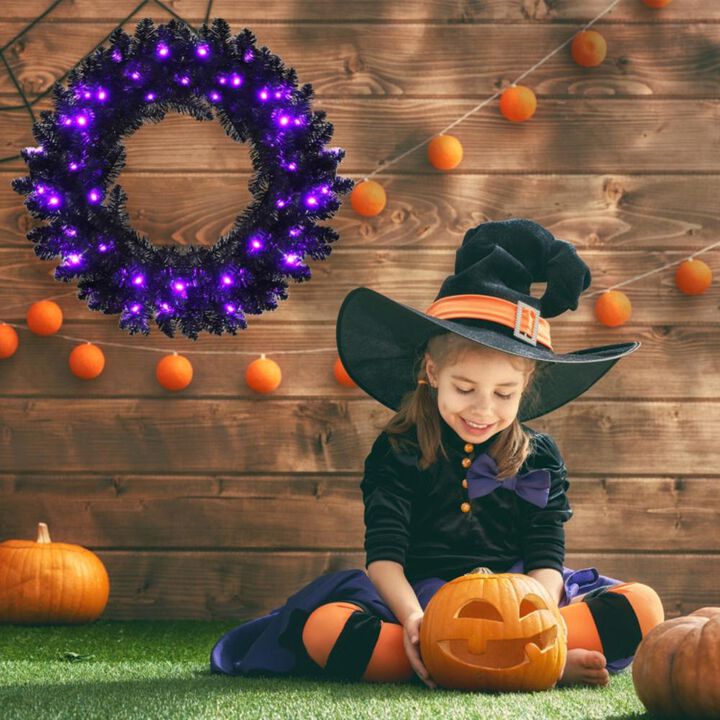 Hivvago 24 Inch Pre-lit Halloween Wreath with 35 Purple LED Lights