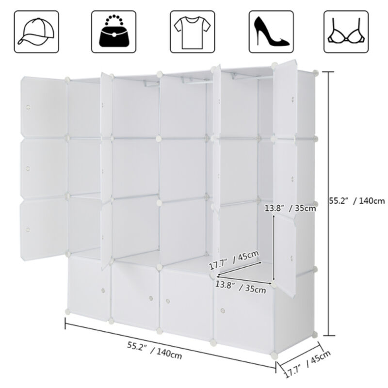 16-Cube Modular Wardrobe, 4-Layer Plastic & Steel Storage Organizer with 3 Hanging Rods