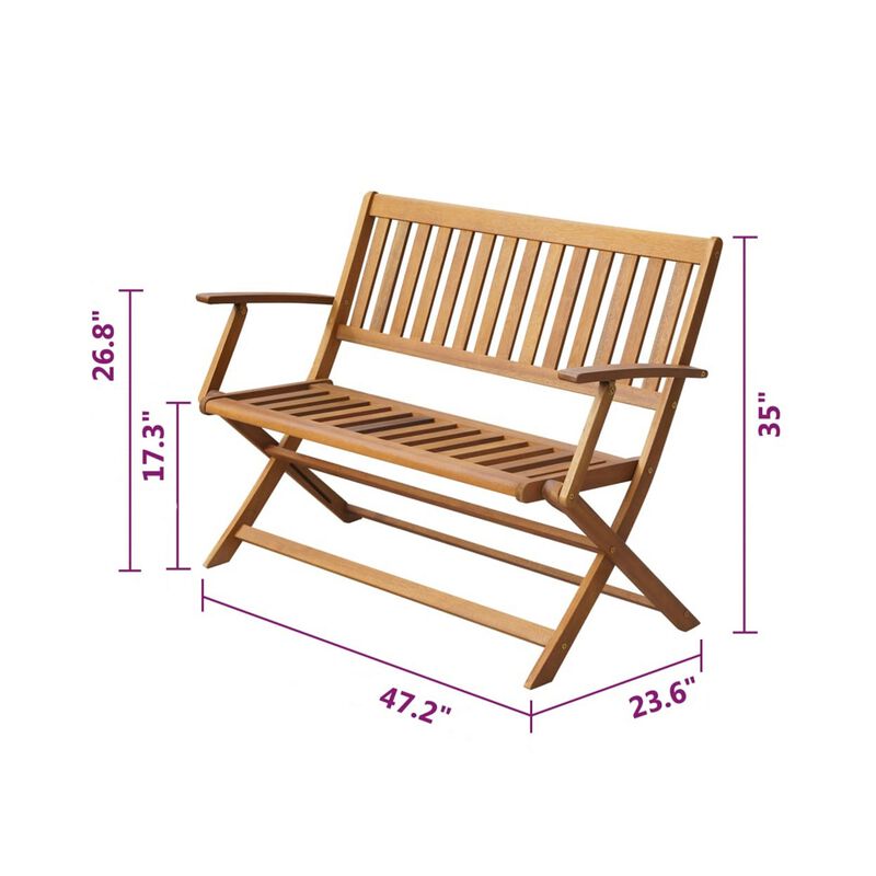 Jenny Outdoor Bench, 47 Inch, Brown Acacia Wood, Folding X Cross Legs - Benzara