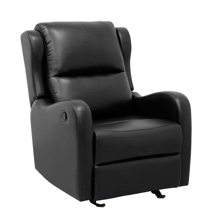 Kim 39 Inch Glider Manual Recliner Chair, Black Faux Leather, Solid Wood - Benzara
