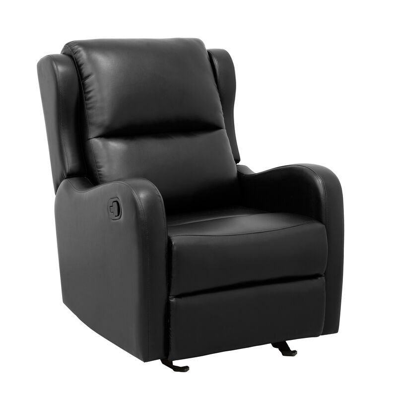 Kim 39 Inch Glider Manual Recliner Chair, Black Faux Leather, Solid Wood - Benzara