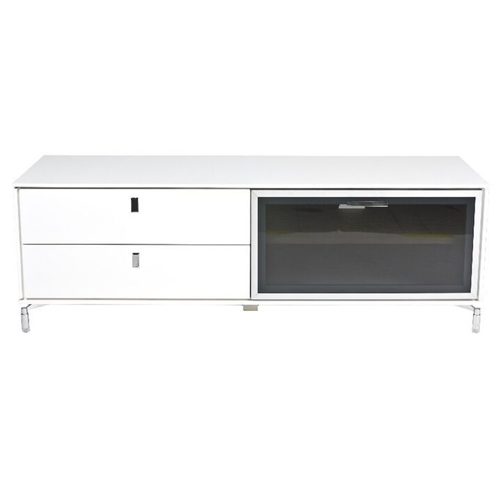 Ida 60 Inch TV Entertainment Console, Drawer, Pull Down Door, White Lacquer - Benzara