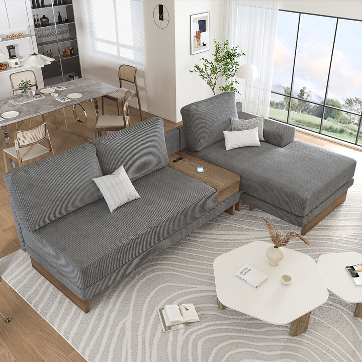 114" L-shaped Sofa Sectional Sofa with Two USB Ports and Two Power Sockets, a Storage Drawer and a Reversible Chaise Lounge for Living Room, Beige
