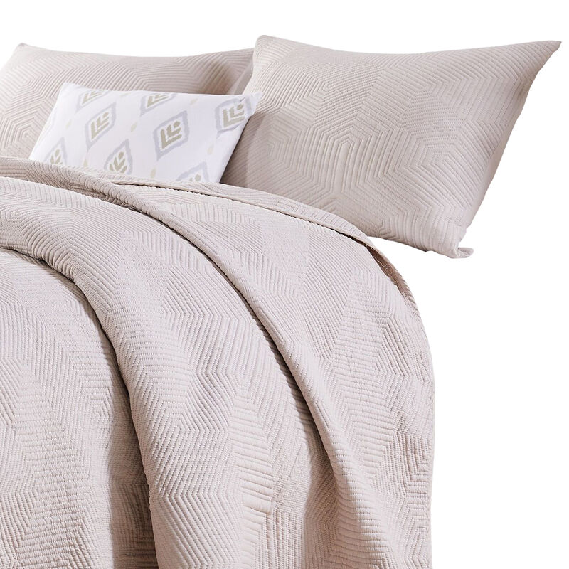3 Piece Microfiber Full Size Quilt Set with Geometric Print, Cream - Benzara