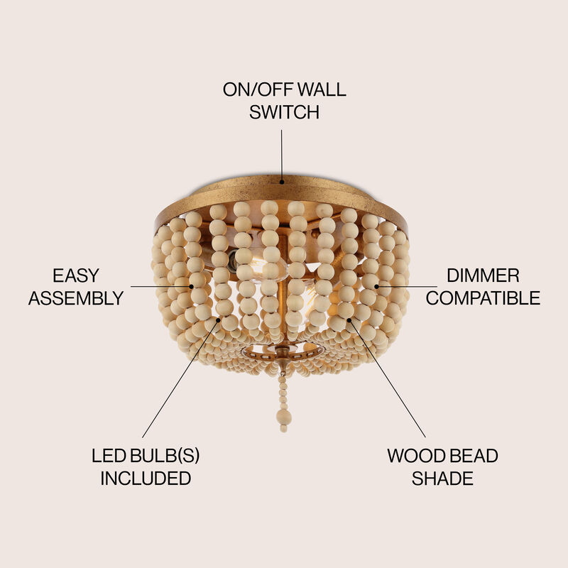 Allison 2-Light Shabby Chic Farmhouse Wood Beaded/Metal LED Flush Mount