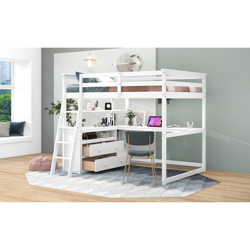 Full Size Loft Bed With Desk And Shelves, Two Built-In Drawers