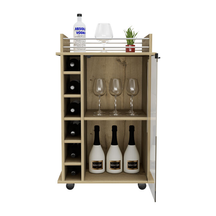 DEPOT E-SHOP Huali Bar Cart, Six Built-in Wine Rack, Glass Door, Four Casters, Two Shelves, Light Oak