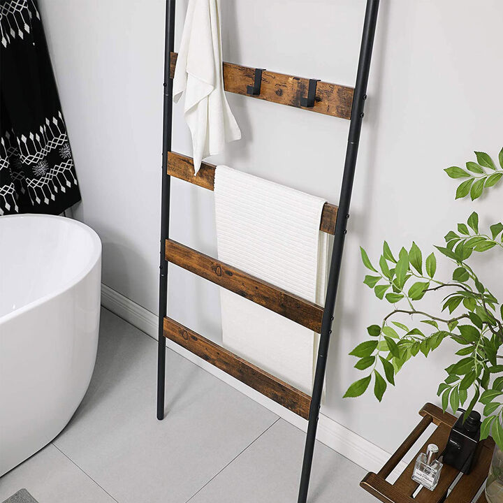 Rustic 5-Tier Blanket Ladder Shelf with Hooks and Steel Frame