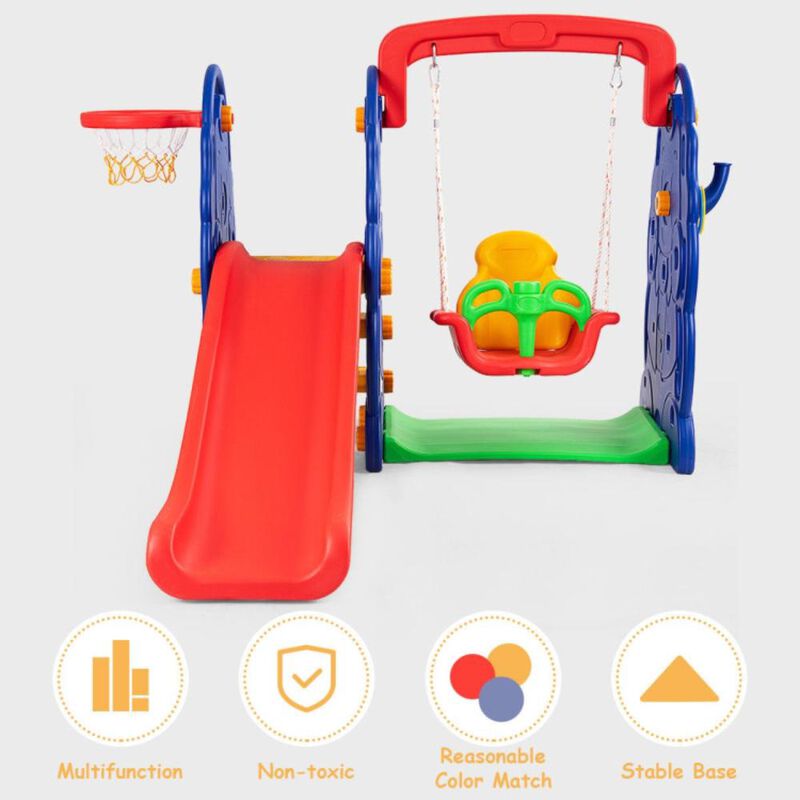 Hivvago 3-in-1 Junior Children Freestanding Design Climber Slide Swing Seat Basketball Hoop