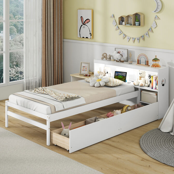 Bed Frame with LED Light and Bookcase Headboard