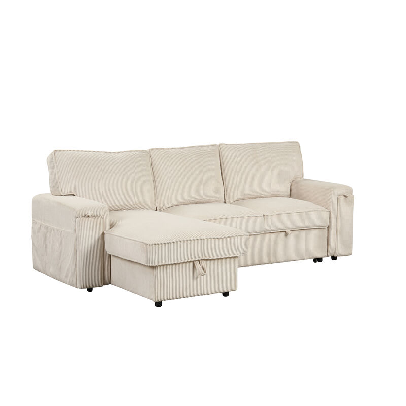 Upholstery Sleeper Sectional Sofa With Storage Bags And 2 Cup Holders On Arms