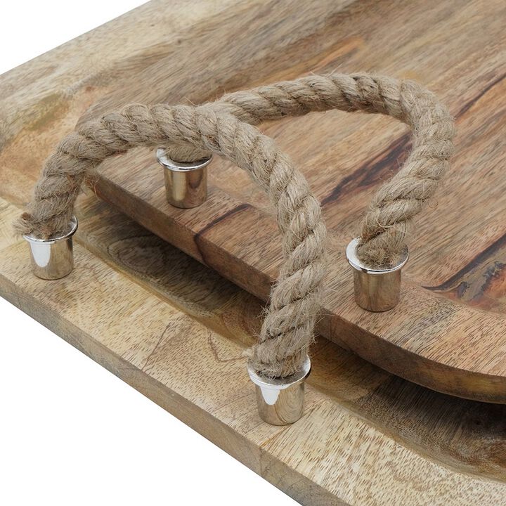 Set of 2 Mango Wood Trays, Twisted Jute Handles, Rustic Brown Texturing - Benzara