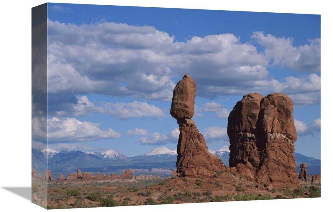 Balanced rock under cloudy skies, Arches National Park, Utah-Canvas Art-16x12