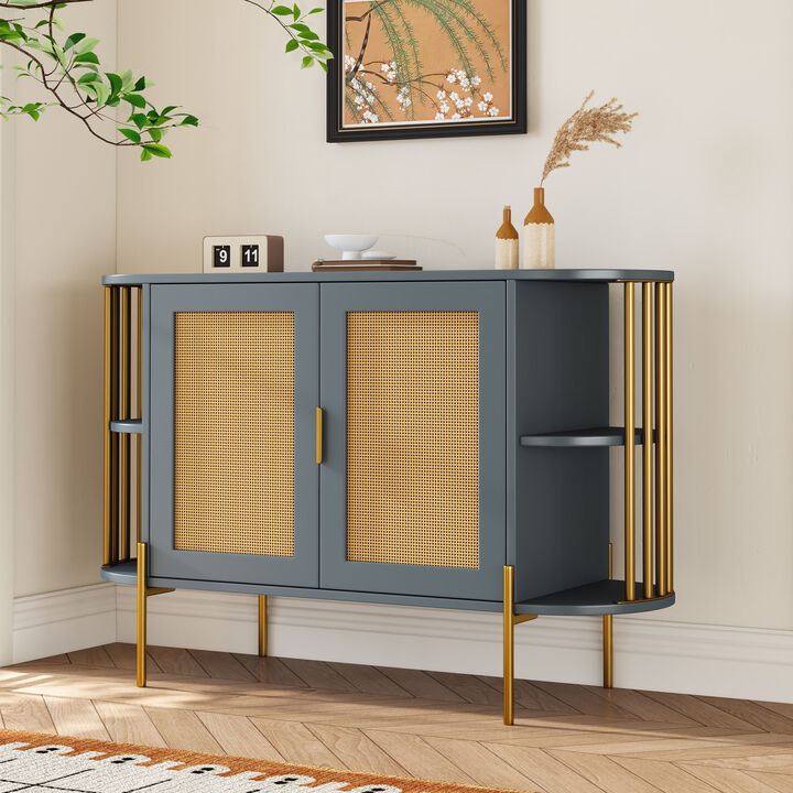 Clihome 2-Door Elegant Curved Dining Cabinet with Gold Trim and Woven Rattan Doors for Dining Room (Dark Gray)