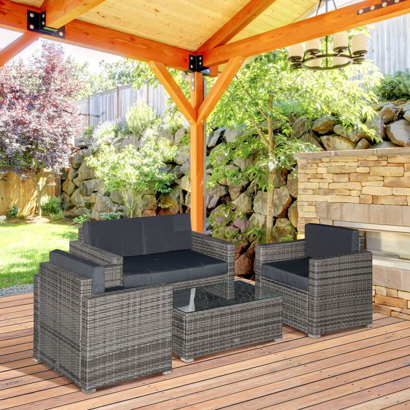 Gray Outdoor Seating: 4-Piece Resin Wicker Set with Glass Table