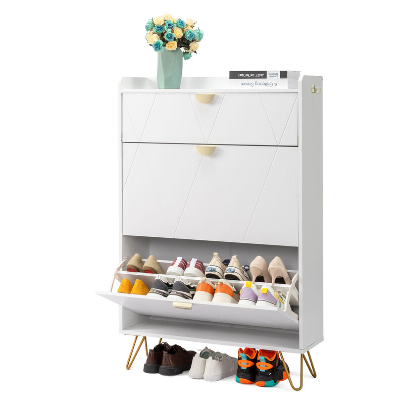 Elegant Entryway Shoe Cabinet, V-Carved Doors with 2 Drawers & Flip-Top Storage