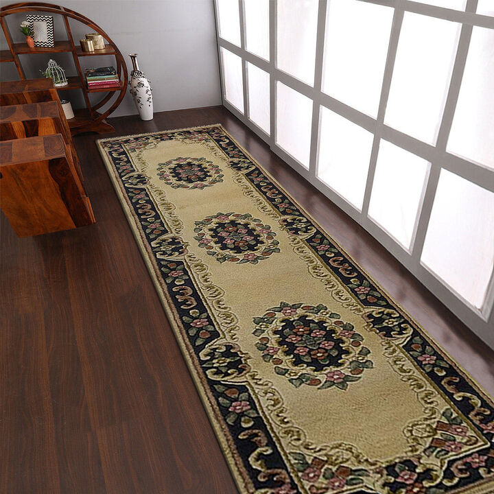 Rugsotic Carpets Hand Knotted Aras Wool 2'6''x10' Runner Area Rug Oriental Ivory Blue AR0101