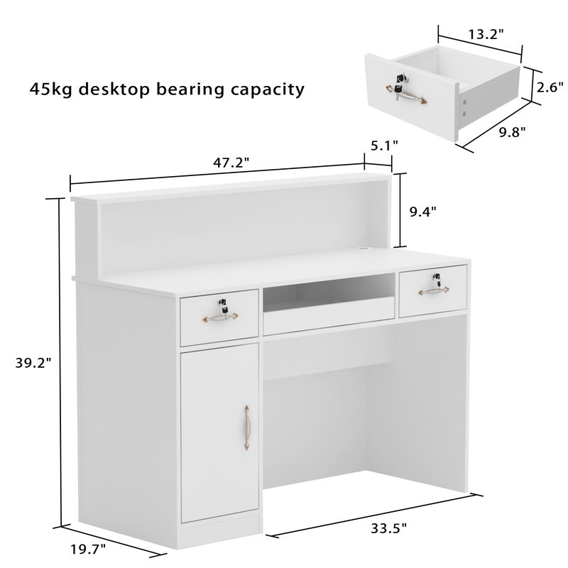 47.2" W : Wooden Computer Desk White Finish with 2-Drawer, Keyboard Tray and Eco-Friendly Paint Finish