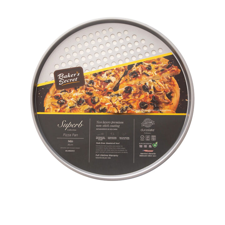 Baker's Secret Pizza Crisper 14", Pizza Pan, Double Layer Nonstick Coating, Aluminzed Steel, Dark Gray, Superb Collection