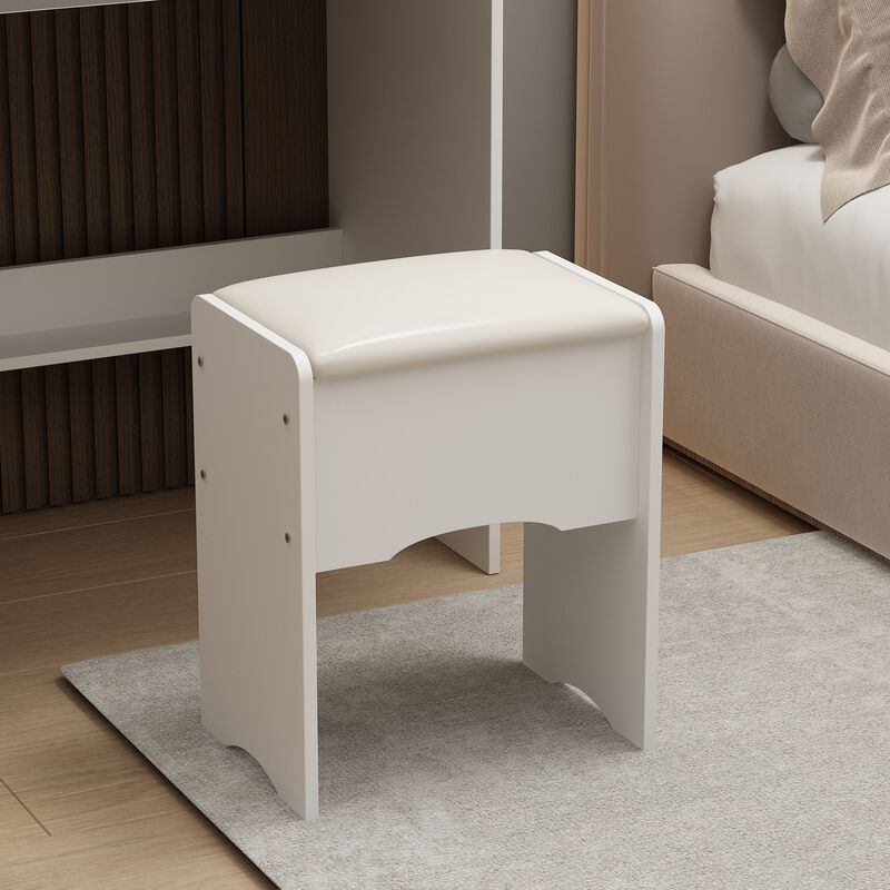4-Drawers Wood Makeup Vanity Sets Dressing Table Sets in White with Stool, Mirror, LED Light and Storage Shelves