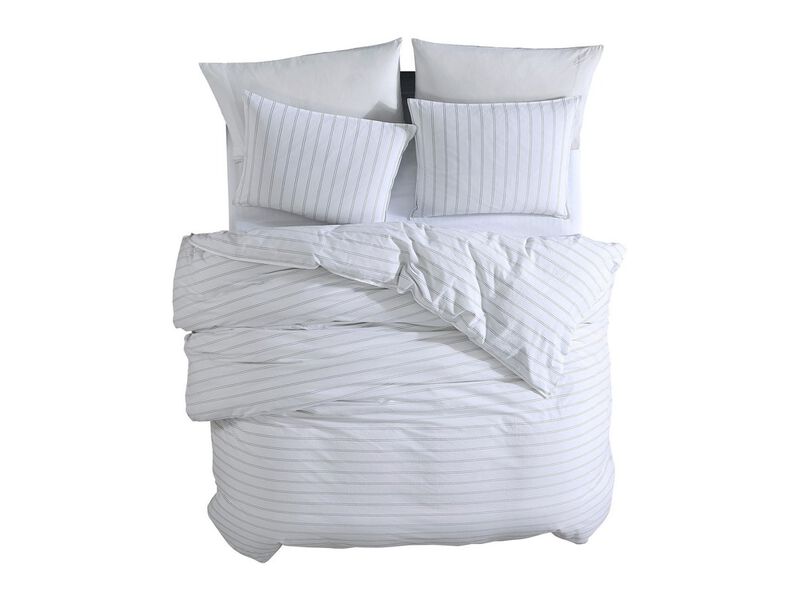 3 Piece Queen Comforter Set with Pinstripe Pattern, White and Black - Benzara