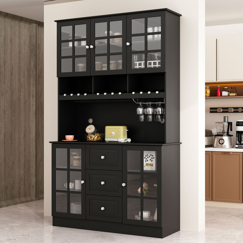 Kitchen Pantry Buffet Bar Cabinet with Glass Door, Kitchen Hutch Cabinet with Drawers, Glass Holder and Wine Rack