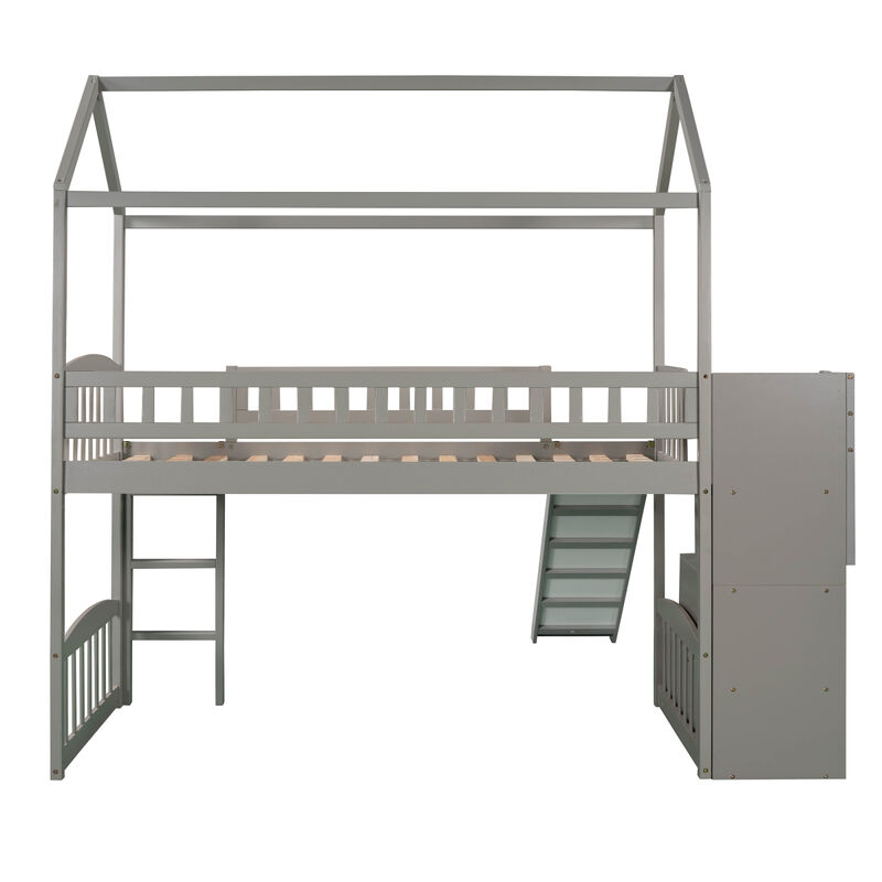 Twin Loft Bed With Two Drawers And Slide, House Bed With Slide