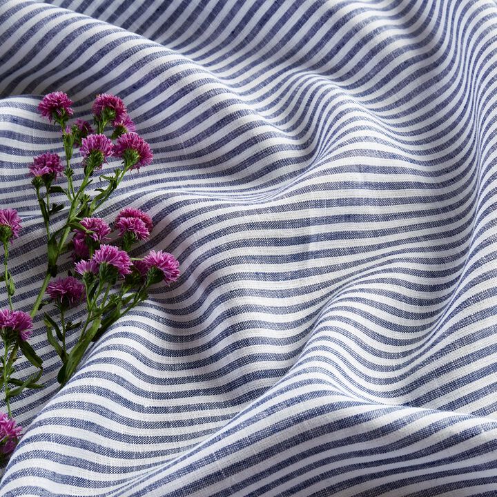Solino Home 100% Pure Linen Table Throw 52 x 52 Inch | Narrow Stripe for Thanksgiving, Christmas