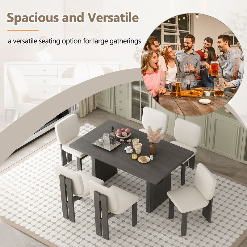 7-Piece Retro Dining Table Set for 6, 60" Wood Dining Table Set for 6 with Upholstered Chairs and Designed Trestle Base for kitchen & Dining Room (Grey)