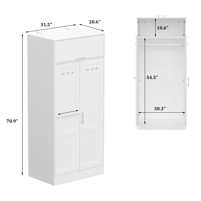 FUFU&GAGA Modern Double-Door Wardrobe with Top Storage Cabinet (31.5" W x 20.6" D x 70.9" H),White