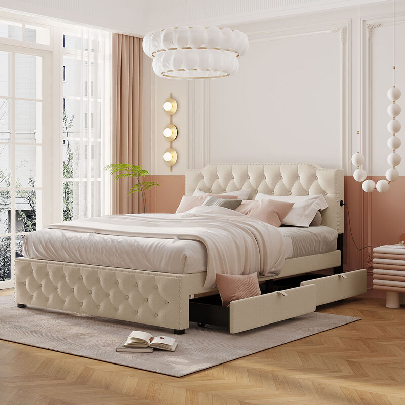 Merax Upholstered Platform Bed with 2 Drawers
