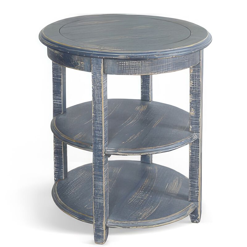 Rena Side End Table, Scallop Trim, 28 Inch Distressed Blue Mahogany - Benzara