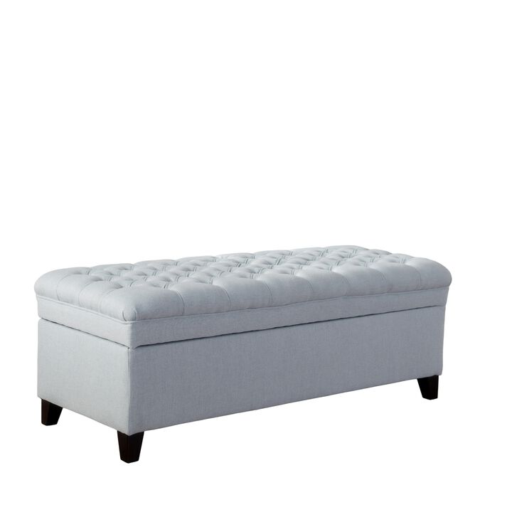 Rhya Storage Ottoman Bench, Light Blue Fabric, Black Wood, 50 Inch - Benzara