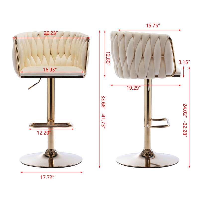 Set of 2 Bar Stools, with Chrome Footrest and Base Swivel Height Adjustable Mechanical Lifting Velvet + Golden Leg Simple Bar Stoo, Ivory