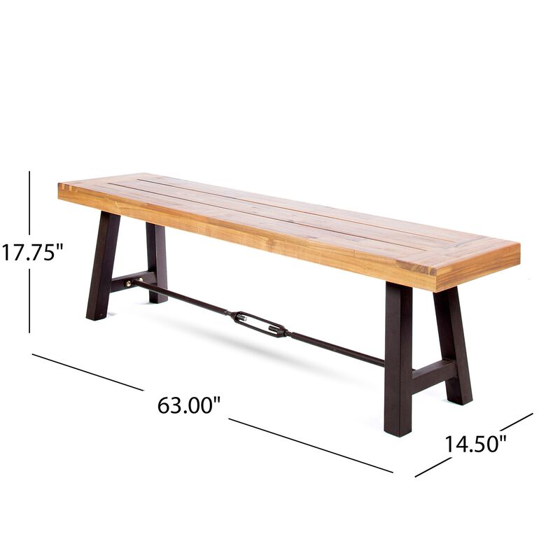 Outdoor Accent Dining Bench, 63" Brown Acacia Wood Top, Black Metal - Benzara
