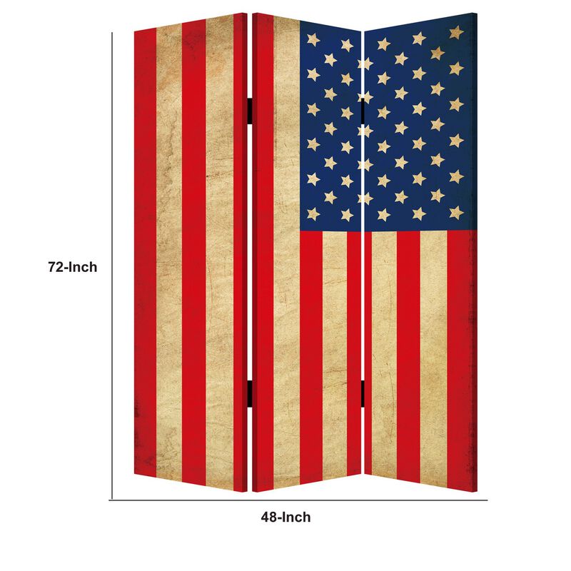 Alfie 71 Inch Folding Screen Room Divider, USA Stars and Stripes Design - Benzara