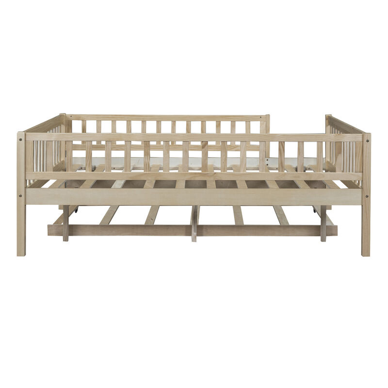 Full Size Wood Daybed With Trundle And Fence Guardrails