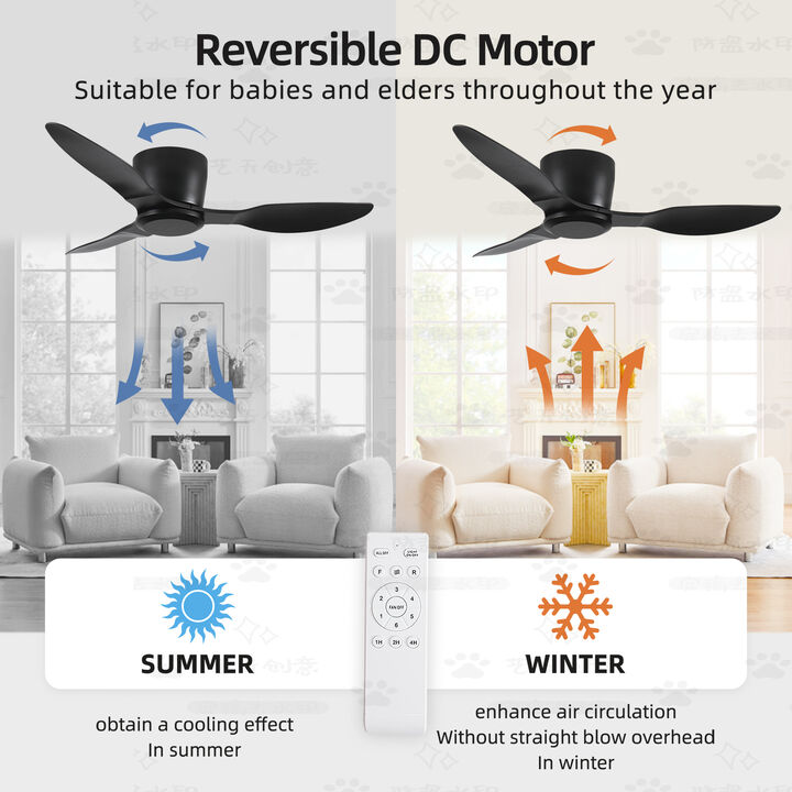 Modern Flush Mount Ceiling Fan, Silent 6-Speed DC Motor, No Light