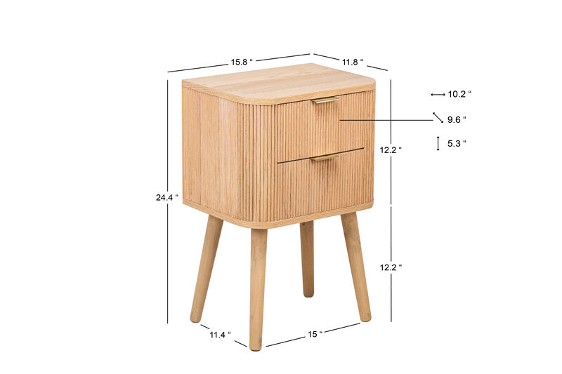 Bedside Table 2 Drawers Natural Wood