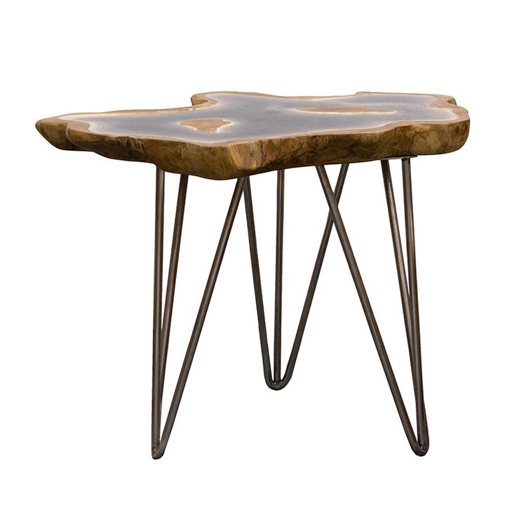 20 Inch Side Accent Table, Natural Edges, Hairpin Legs, Gray Resin, Brown - Benzara