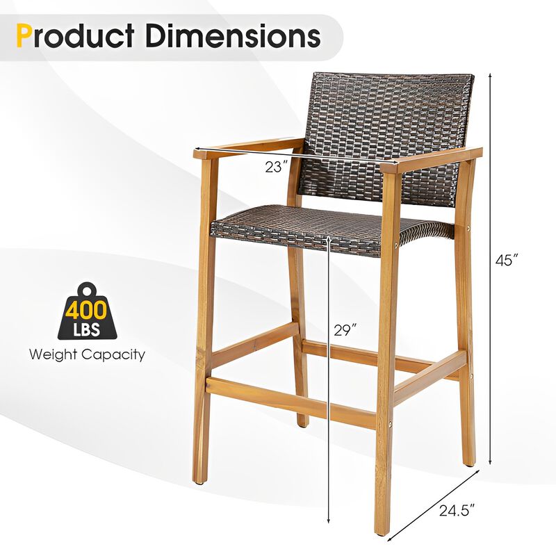 Set of 2 PE Wicker Patio Bar Chairs with Acacia Wood Armrests