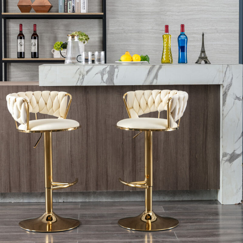 Set of 2 Bar Stools, with Chrome Footrest and Base Swivel Height Adjustable Mechanical Lifting Velvet + Golden Leg Simple Bar Stool-Cream